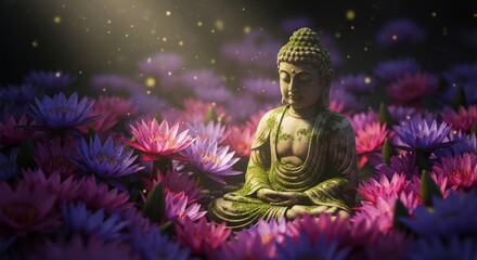 Serene Buddha Statue Meditating Amidst Vibrant Lotus Flowers with Ethereal Light