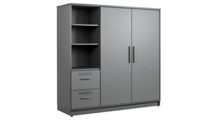 Modern gray storage cabinet with smooth finish and sleek design, perfect for home or office use, transparent background, cutout PNG