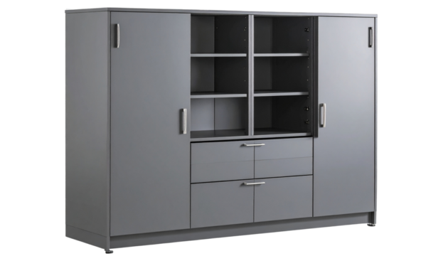 Modern gray storage cabinet with smooth finish and sleek design, perfect for home or office use, transparent background, cutout PNG - Powered by Adobe