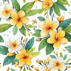 Obraz premium Beautiful Watercolor Floral Pattern Featuring Yellow and White Flowers Amidst Green Leaves on White Backdrop
