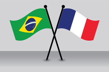 Crossed Flags of Brazil and France Waving Flags Flat Style. Official Proportion.