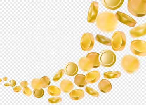 Gold 3d coins flying, currency golden wave, cash rain, money falling on transparent background. Success, income element