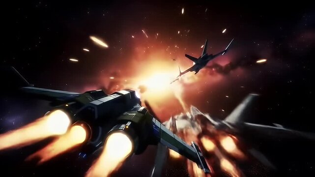 Animated space battle with fighter jets amidst explosions, lights and distant stars