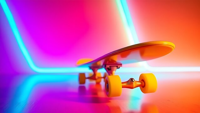 A vibrant yellow skateboard against a neon gradient background, exuding dynamic energy. - Powered by Adobe