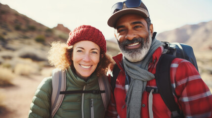 Mixed race couple hiking in desert landscape, wearing winter gear, smiling