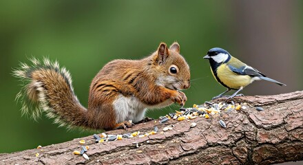 Peaceful Squirrel Sharing Seeds with Songbirds Nature