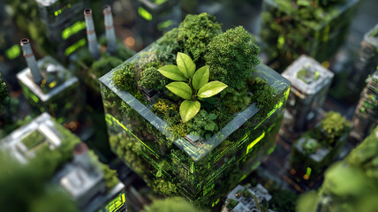 Futuristic cubes, digital data streams merging with factories, the fusion of technology and ecology, emphasizing the harmonious development of environment, society, and governance