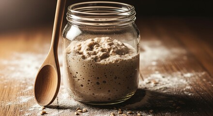 Active sourdough starter in a glass jar with wooden spoon and flour