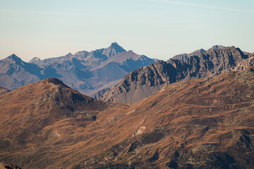 autumnal mountain landscape inside the Stelvio National Park along the Lombard side, Sondrio, Italy