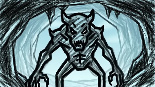 A crudely drawn horned monster stands in a cave