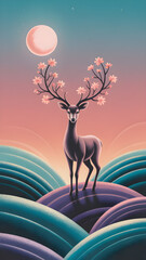 deer in the forest,deer in the sunsetStylized 2D vertical illustration with vibrant color play. Rolling textured hills in cool tones sit beneath a pastel pink moon. The gradient sky fades from ocean ,