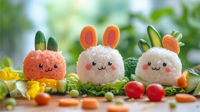 kawaii food for kids lunch ideas illustrated in pastel minimal style with animal-shaped rice balls and colorful vegetables  - Powered by Adobe