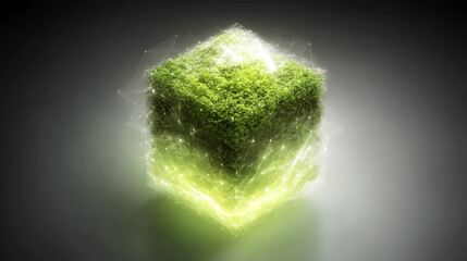 Futuristic cubes, digital data streams merging with factories, the fusion of technology and ecology, emphasizing the harmonious development of environment, society, and governance.