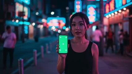 Woman presenting a phone with green screen on a city street at night with neon lights shining bright - Powered by Adobe