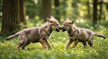 Fototapeta premium Energetic Wolf Pup Play Fighting Another Young Pup Wildlife