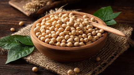 Close up shot of soybeans in a wooden bowl with leaves