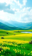 Fototapeta premium 3D Wallpaper of Nature with Grasslands, Flowers, and Water View 