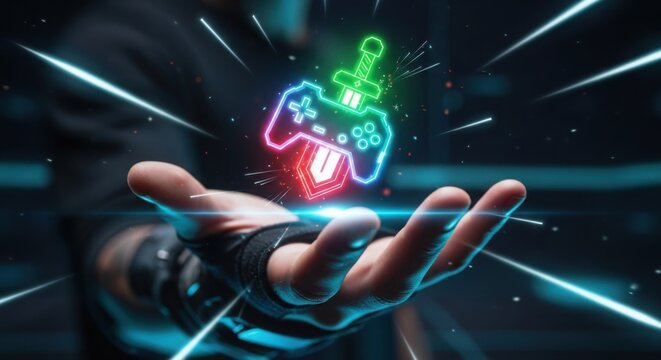 Glowing neon game controller and sword symbol hovering above open hand
