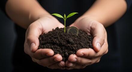 Hands holding fertile soil with a young green plant sprouting