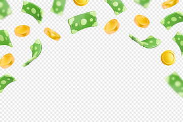 3d floating in the air gold coins and green dollar paper currency banner design. Realistic render falling down or explosion money. Casino, jack pot, gold mine wealth, cash back concept. Vector frame © lightgirl