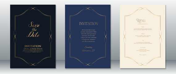 Refined minimalist wedding invitation set featuring Save the Date, Invitation, and Menu cards. Adorned with clean and elegant gold frames on deep navy, classic royal blue, and light cream backgrounds 