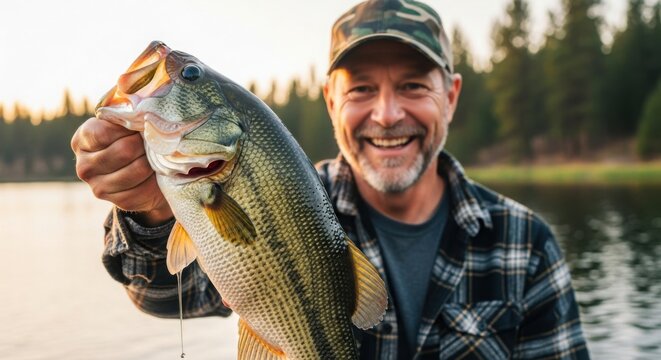 Happy man holding a large bass fish caught while fishing on a lake