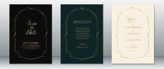 Elegant vintage-style wedding invitation set featuring Save the Date, Invitation, and Menu cards. Embellished with intricate curved gold frames on rich black, deep green, and soft cream backgrounds. 