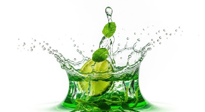 Lime splash in green liquid with water droplets