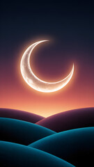 Modern vertical artwork with a soft pink crescent moon and vibrant gradient sky, featuring pointillism hills; ideal for posters, web UI, album art, or wellness branding.