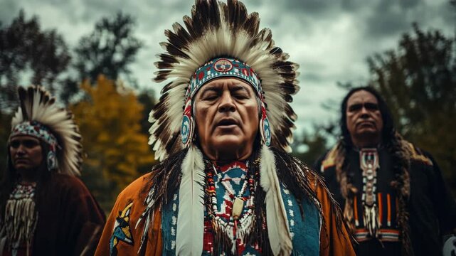 A Native American man, possibly a tribal leader, in traditional attire, flanked by other members of his tribe. They are set against a background that suggests an outdoor gathering or ceremony.