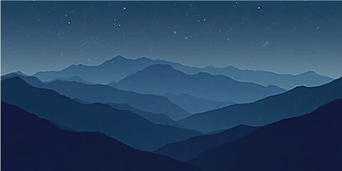Dark Blue Minimal Mountain Illustration with Night Sky - Peaceful Vector Landscape