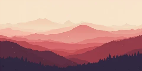 Fototapeten Beige Morning sunrise over misty mountain landscape with hills and forest view  © Ashraful