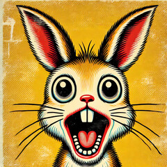 A vintage-style illustration of a bunny with wide, surprised eyes and an open mouth revealing small sharp teeth and a bright red tongue