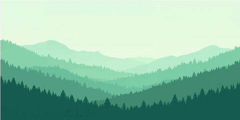 Fototapeta premium Mountain landscape with morning mist and sunrise over forested hills