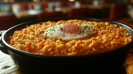 baked beans in a pan, A bowl of spicy noodles is served with a perfectly poached egg, sprinkled with fresh herbs and spices