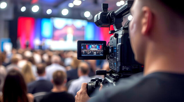 Video Presentation media and live streaming record and broadcast in real time for social network concept. perspective of a camera operator, showing the back of a professional video camera