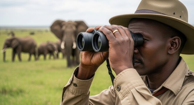 Safari guide using binoculars to observe a herd of elephants in the african savanna