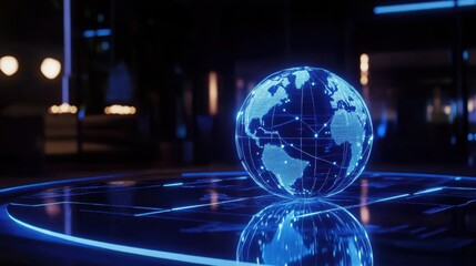 Futuristic Global Network Concept with a Blue-Glowing Earth and Digital Data Connections Display
