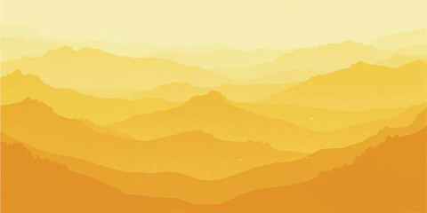 Morning light pierces through the mist, illuminating a serene mountain landscape under a sky of soft orange clouds