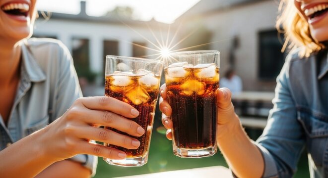 Two friends clinking glasses of iced cola drinks outdoors on a sunny day