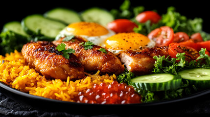 grilled chicken breast, A bowl of spicy noodles is served with a perfectly poached egg, sprinkled with fresh herbs and spices