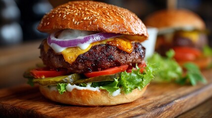 Close up studio shot of a delicious burger on a wooden board