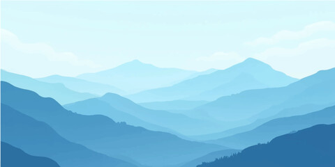 Morning mountain landscape with clouds and misty peaks surrounded by hills and valleys