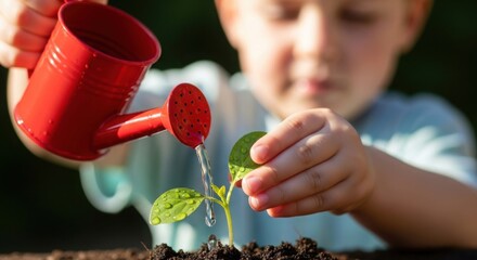 Young child carefully watering a small green seedling with a red watering can