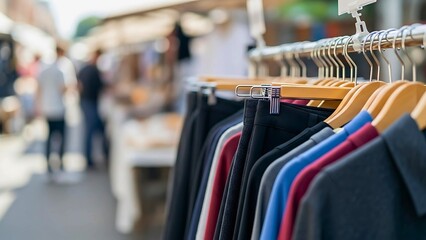 An assortment of colorful clothing on wooden hangers at a sunny outdoor street market.