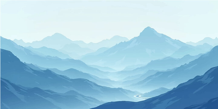 Winter landscape of snow-covered mountains, hills, and a misty valley with a fiery sunrise and scattered clouds in the sky