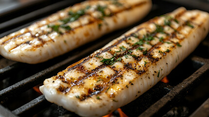 detail shot of grilled sea bass fins, highlighting texture, Assorted delicious grilled meat with vegetable over the coals on a barbecue
