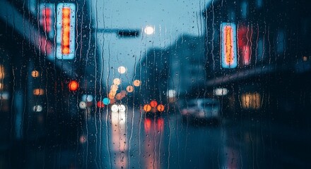 Rainy city night: A blurred view through a rain-streaked window in the evening
