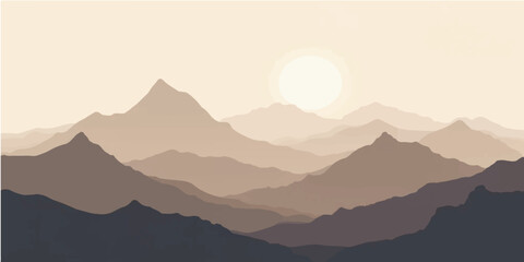 Golden sunlight bathes the peaceful mountain landscape in the early morning