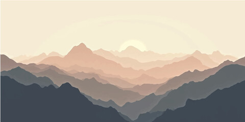 Golden sunlight pierces through the morning mist, illuminating a majestic mountain range shrouded in clouds